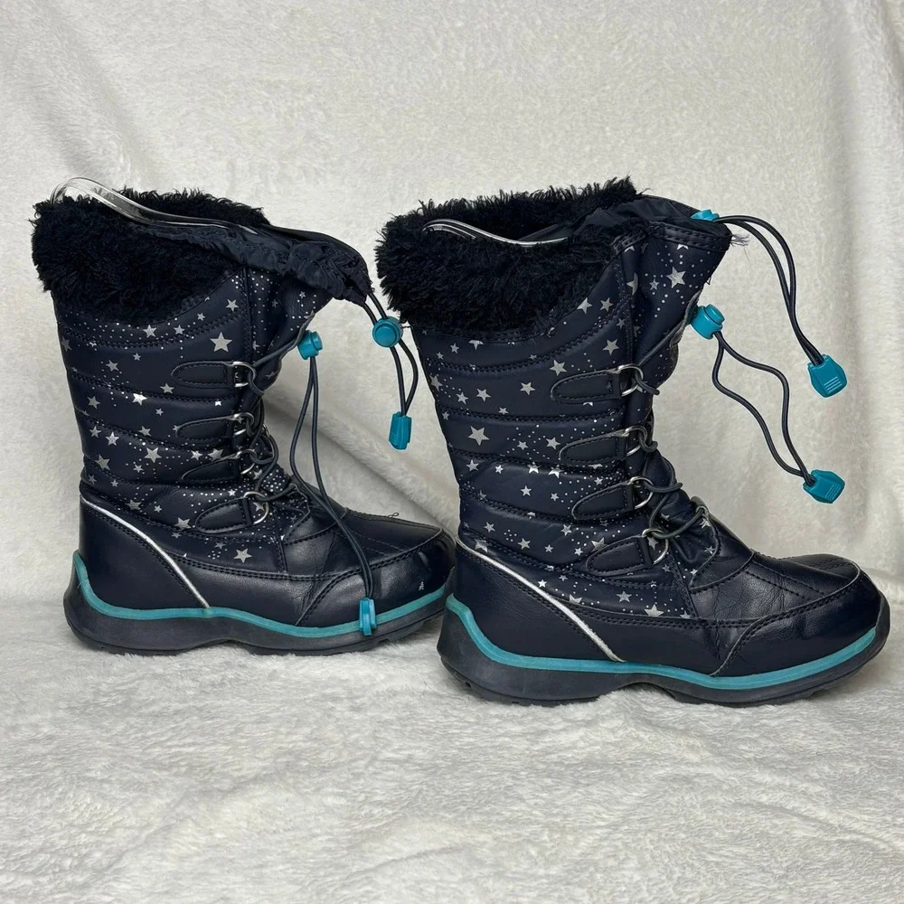 Lands'‎ End Kids Navy Blue Star Print Winter Snow Boots Fur Trim Warm Waterproof